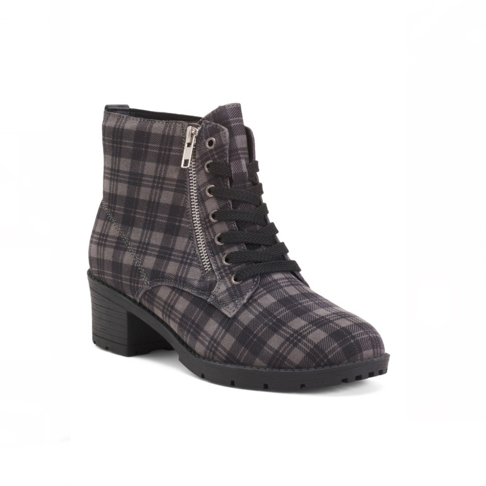 Bernie Mev. Plaid Comfort Lace Up Boots Gray & Black Plaid Women’s EU Size 37